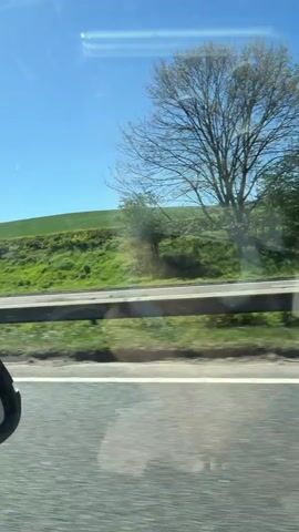 The video shows a bright, sunny daytime scene from inside a car driving on a highway. The view primarily features a wide expanse of green, undulating fields dotted with trees under a clear blue sky. A metal safety barrier runs alongside the highway, separating it from the fields. The car's black rear-view mirror is prominently visible in the bottom left corner, reflecting the road behind and other vehicles. A red car and a white truck are briefly seen on the highway. The weather is clear and bright, indicating a pleasant day for travel. The setting appears to be a rural or semi-rural area, likely in Northallerton, United Kingdom, given the location context and the left-hand traffic visible in the mirror. No discernible text is visible in the video.