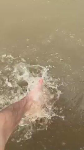 A close-up shot shows an arm and hand moving through murky water, causing splashes and ripples. The water appears brown or beige, and the hand is pale with visible hair. There are no other visible features of the environment or other people. The primary action is the hand moving through the water.