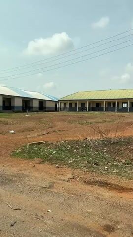 The video displays an exterior view of two single-story buildings, likely school or community structures, set in a semi-rural environment. The camera slowly pans across the scene.

The building on the left has a light blue corrugated metal roof and its walls are painted light blue with a grey lower section. The building on the right features a light green corrugated metal roof and its walls are painted light green with a darker grey or blue lower section. Both buildings exhibit multiple window or door openings along their length.

In the foreground, a prominent reddish-brown dirt road or path is visible, with patches of sparse green grass and uneven terrain, including small mounds of earth. Overhead, several power lines stretch across the frame, and a utility pole is seen on the left. Distant trees, including what appears to be a palm tree, dot the horizon. The sky is bright with scattered white clouds, indicating daytime conditions. No people are visible in the video, and there is no discernible text. The scene suggests a functional, possibly educational, facility in a natural setting.