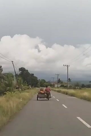 A person riding a motorcycle with a sidecar attached is traveling down a paved road. The sidecar is loaded with several large, brown, cylindrical objects. The road is bordered by grassy areas and trees on both sides. Utility poles with wires run along the side of the road. The sky is overcast with large, white clouds. The scene appears to be in a rural or semi-rural area.