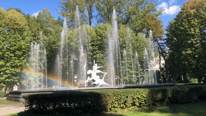Lviv park: fountain, tree-lined paths, and a playground