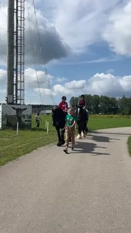 Four people are riding on the backs of four large black horses that are walking along a paved path. One person is walking on the left side of the path, leading the horses. Two of the people on the horses are wearing helmets, and one of them is wearing sunglasses. The horses have white accents on their legs. There is a tall structure on the left side of the frame, adorned with what appears to be lights. Behind the structure, there is a fence and a grassy area. In the distance, there are trees and a cloudy sky.