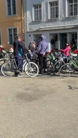 The video depicts a group of people gathered on a sunny, paved street in what appears to be a European city, specifically Winterthur, Switzerland. The time of day is clear, with bright sunlight casting distinct shadows. Several individuals are present, some standing near bicycles.

A prominent feature is the presence of multiple Palestinian flags, which are attached to several of the bicycles. One person wearing a purple hooded sweatshirt is visible on the left, next to a blue bicycle. In the center, a person in a red jacket appears to be interacting with items in a bag on a bicycle, possibly distributing something. To their right, a person in a black t-shirt and cap is seen adjusting a Palestinian flag on a bicycle.

The background consists of traditional European-style multi-story buildings with numerous windows. One building is light-colored, featuring a storefront with "OYLLE" visible, and a building number "15." An adjacent building has the number "17" displayed. The street itself has some green markings on the asphalt.

In the audio, a female voice can be heard speaking German, making references to "Zionistinnen" (female Zionists) and "Krieg" (war), which suggests the gathering is a protest or demonstration.