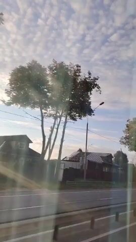 The video shows a roadside view from a moving vehicle. The sky is filled with scattered clouds, suggesting it is daytime. Several trees line the side of the road, and a few houses are visible in the background, some with red roofs and traditional architecture. A street lamp stands tall on the left side of the frame. A road with two lanes is in the foreground, and a metallic barrier separates the lanes. A white truck with a painted image passes by on the road. Later, a dark blue truck with a white trailer drives past. A pedestrian crossing sign and a traffic light are visible at one point, with the traffic light showing a green signal. The video captures a brief journey along a rural or suburban road.
