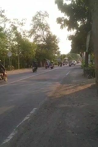 A group of motorcycles and cars are traveling on a paved road. The road appears to be in a rural or suburban area, with trees and vegetation on either side. The sky is bright, suggesting it is daytime. The camera is positioned on the side of the road, capturing the vehicles as they pass by. The motorcycles are in the foreground, with one rider prominently featured. The cars are further down the road, appearing to follow the motorcycles. The scene suggests a convoy or procession.