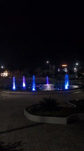 The video shows a fountain illuminated with changing colored lights at night. The fountain is circular with multiple jets of water shooting upwards. The water is illuminated with blue, pink, and purple lights. The fountain is surrounded by a paved area and a small landscaped area with plants. Streetlights and buildings can be seen in the background. The sky is dark and clear. There is a low humming sound, possibly water pumps. No people are visible. The camera is stationary.