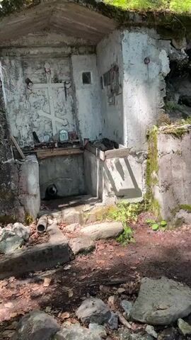 The video opens on a weathered concrete structure, possibly a small shrine or fountain, situated outdoors. An anchor-shaped cross is mounted on the left side of the structure, with religious icons and offerings placed on a ledge below it. A pipe extends from the base of the structure, and debris, including leaves and rocks, surrounds the area. The scene transitions to a wooded hillside with a path winding through it. Sunlight filters through the trees, illuminating the greenery. The camera then pans to a wider view of the forest, showing tall trees and dense foliage. The path continues ahead, marked by a blue marker and a metal pole on the right side. The video concludes by showing more of the forest, with a focus on the trees and the natural environment.