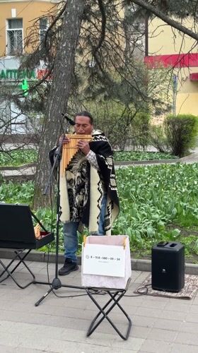 Pan flute musician performs outdoor concert in Kuleshovka, Russia