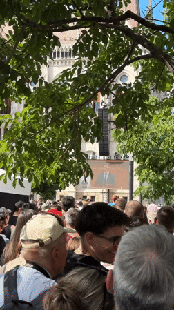 Large crowd gathers in Budapest square watching speech