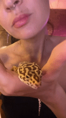 Woman holds leopard gecko in North Kuta, Indonesia