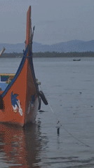 Sonic-decorated orange boat spotted moored in Lhokseumawe waters