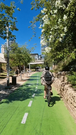 Cyclist uses marked bike path in Tel Aviv