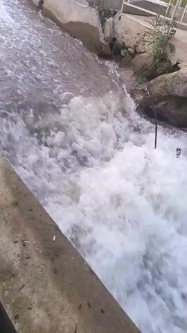 The video shows a rushing body of water flowing through a concrete channel. The water is turbulent and foamy, indicating a fast current. The channel has concrete walls on either side, and there are some rocks and vegetation visible along the edges. In the background, there are some metal railings and structures, suggesting an outdoor man-made environment. The perspective is from a slightly elevated position, looking down at the water. The scene is outdoors, with natural light.