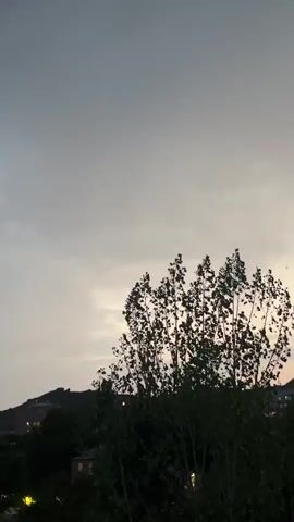 The video shows a cloudy sky with trees in the foreground and a hill with buildings in the background. The sky is overcast and appears to be dusk or dawn. The trees are dark green and leafy. The buildings are small and appear to be houses. The hill is covered in vegetation. The overall impression is one of a peaceful, natural scene.