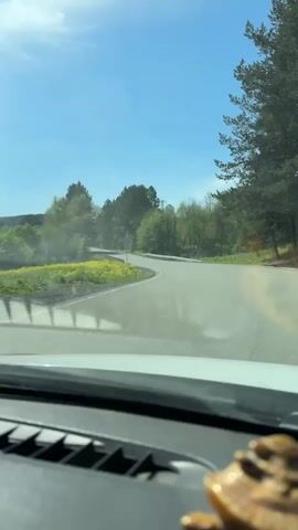 The video shows a view from inside a car driving on a paved road under a bright blue sky with scattered clouds. The road curves slightly ahead and is lined with trees and vegetation. On the left, there's a field of yellow flowers. The car's dashboard is visible in the foreground, with a small, decorative object.
