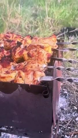 The video shows several skewers of meat cooking on a grill. The meat appears to be chicken or pork, seasoned and seared to a golden brown with some charring. The grill is a portable, dark-colored metal brazier filled with coals or embers, with the skewers resting on top. The background is an outdoor setting with green grass and a hint of trees or bushes, suggesting a picnic or camping scenario. The camera is positioned slightly below and to the side of the grill, focusing on the cooking meat. There is some smoke rising from the grill, indicating the cooking process is active. The lighting suggests it might be late afternoon or early evening. The overall scene conveys a sense of outdoor cooking and enjoyment.