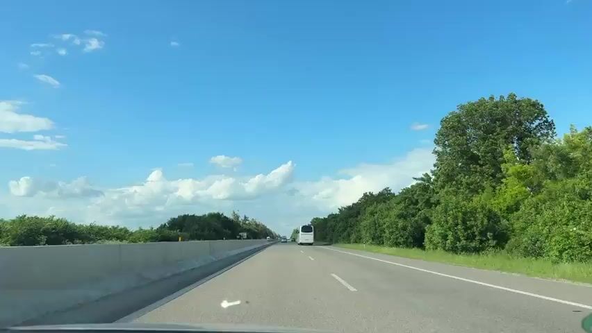 The media file is a first-person perspective video of driving on a highway on a clear, sunny day with scattered white clouds. The road is asphalt and appears to be a multi-lane highway with a concrete barrier separating lanes. On the left side of the road, there is a concrete barrier and then lush green trees and vegetation. On the right side of the road, there is a dense line of trees and greenery.

Several vehicles are visible on the highway. Directly ahead, a white bus is driving in the same direction. Further ahead, other cars and a white van can be seen. The time of day is likely daytime, given the bright sunlight and blue sky. The weather appears to be warm and pleasant. The location cues suggest a rural or semi-rural highway setting.

There are no people visibly identifiable in the media file. The emotion conveyed is one of travel and onward movement. No visible text is present in the media file itself, although a timestamp is provided at the beginning: "00:00" and "00:01" etc. The location context states Terezyne, Ukraine.