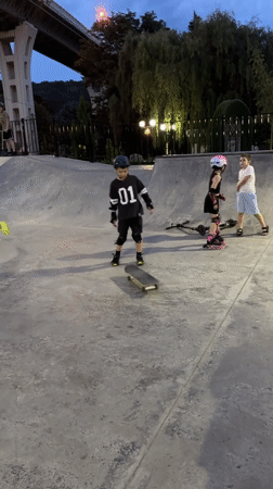 Sochi skatepark at dusk: scooters, rollerblades, and dogs