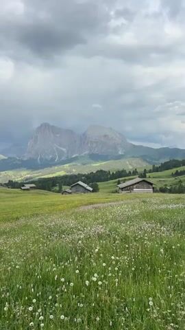 This media file captures a serene landscape scene in Kastelruth - Castelrotto, Italy. The primary subject is a vast, rolling meadow covered in lush green grass and dotted with numerous small white and pink wildflowers, creating a vibrant, natural carpet. In the midground, several rustic wooden cabins or farmhouses are nestled amongst the fields and trees, hinting at a rural, idyllic setting.

Dominating the background is a majestic mountain range, its peaks reaching towards a dramatic, cloudy sky. The mountains appear rugged and imposing, with some snow patches visible on their upper slopes. The overall impression of the scene is one of natural beauty and tranquility.

The weather appears to be overcast with scattered clouds, suggesting a dynamic sky that could be on the verge of rain or clearing. The time of day is difficult to determine precisely due to the cloud cover, but the soft light indicates it is likely daytime, possibly late morning or afternoon.

A notable detail in the latter part of the media file is a white camper van driving on a paved road that winds through the landscape, adding a touch of human presence and movement to the otherwise still scenery. The presence of the camper van suggests travel or a road trip through this beautiful region.

The overall emotion evoked by the media file is one of peace, awe at the natural scenery, and a sense of escape to the countryside. The combination of the wildflower-filled meadows, traditional architecture, and imposing mountains creates a picturesque and captivating view of the Italian Alps. There is no visible text in the media file.