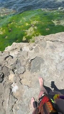 The video shows an ocean scene on a sunny day. The camera is positioned on a rocky shore overlooking the water. The sea is clear blue with patches of bright green algae near the coast. A person's foot is visible on the rocks in the foreground. The camera slowly pans upwards to reveal the horizon. The sky is a clear, cloudless blue. The overall atmosphere is calm and peaceful.