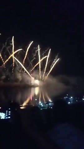 The video captures a nighttime fireworks display over a body of water. Several fireworks explode in the sky, creating trails of light. The reflections of the fireworks and distant lights are visible on the water's surface. In the foreground, silhouetted figures of people are watching the display, with one person holding a phone to record the event. The scene is dark, with the vibrant colors of the fireworks providing the primary illumination.
