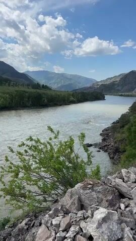 The video shows a wide river flowing between tree-covered hills and mountains, under a partly cloudy blue sky. The camera angle is from a high vantage point, looking over a rocky embankment with a small green bush in the foreground. The river is wide and the water is a light muddy color. There are rocky shores on either side of the river, with patches of green trees. Further back, green forested hills lead up to a line of mountains. There is no sound of any kind.