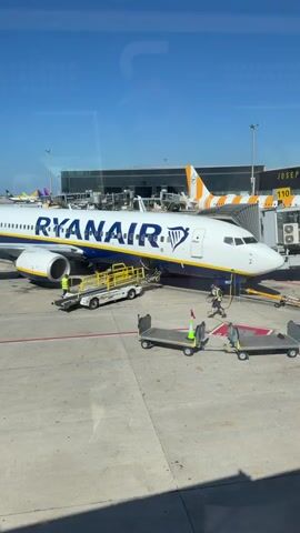 The video shows an aerial view of a Ryanair airplane parked at an airport gate, with a jet bridge connected to the aircraft. Ground crew members are visible around the plane, performing various tasks. One worker in a high-visibility vest is seen near the front of the plane, possibly supervising. Another worker, also in a high-visibility vest, is operating a piece of ground equipment that appears to be a baggage loader. Several baggage carts are positioned on the tarmac near the aircraft. In the background, another airplane with orange and white markings is visible, along with airport terminal buildings and other airport infrastructure. The sky is clear and blue, indicating good weather conditions. The scene appears to be a normal operational day at a busy airport.