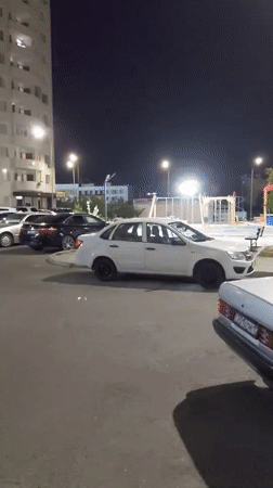 Nighttime street and building scenes in Aktau, Kazakhstan