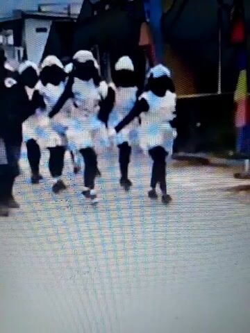 A group of children dressed in blackface and white outfits are marching in a procession. They are followed by a group of adults. Some of the adults are wearing traditional clothing, while others are wearing more casual attire. The procession appears to be taking place in a public area, possibly a street or a park. The atmosphere seems festive, with decorations and flags visible in the background.