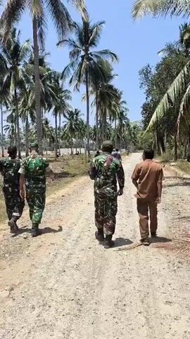 The video shows a group of people walking on a dirt road lined with coconut trees. Four individuals in camouflage uniforms are walking ahead, followed by a person in a brown uniform. Two more individuals in camouflage are seen further down the road. The sun is shining, indicating a clear day. The terrain appears somewhat dry and dusty.
