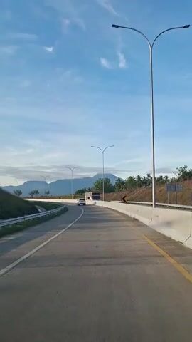 A vertical, full shot captures an empty highway under a blue sky with scattered clouds. The camera is positioned in a vehicle, moving forward. The road curves to the left and is divided by white lines, with a concrete barrier on the right. Several streetlights line the right side of the road, and a few distant cars are visible on the highway. In the background, rolling hills and mountains are covered in green vegetation, with some trees lining the roadside. The lighting suggests it is either early morning or late afternoon.