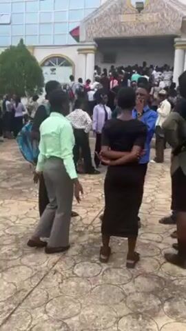 The video shows a crowd of people gathered outside a building. The people are dressed in a variety of clothing, some in formal attire and others in casual wear. Many carry bags or backpacks. Some are standing, some are sitting, and some are walking. The environment is an outdoor space with trees, bushes, and a paved area. A building with large windows is visible in the background. The weather appears to be overcast. People seem to be conversing and using their phones. The overall scene appears to be a public gathering or a school setting with students.
