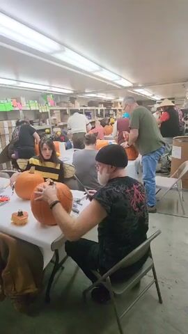 A room filled with people sitting around tables and carving pumpkins. Some are standing and walking around. The tables are covered with white paper and each person has a pumpkin in front of them. There are tools on the tables as well. Shelves filled with boxes line the back wall. The room has fluorescent lighting. One young person is dressed as a bee.