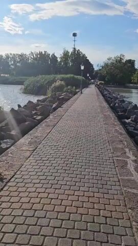 The video shows a paved walkway stretching along a body of water, with rocky embankments on either side. Tall grasses and trees line the distant shore. Several lampposts are spaced along the walkway. The sky is blue with scattered clouds, and the sun appears to be shining. The water is visible on both sides of the walkway, with some ripples suggesting a gentle breeze. There are no people or animals prominently featured in the foreground. The camera is moving forward along the walkway.
