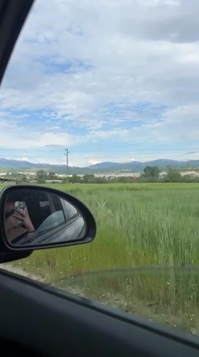 Spring landscape view captured from car near Blagoevgrad, Bulgaria