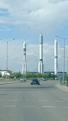 Rocket monuments displayed on Astana street, Kazakhstan
