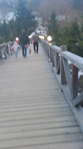 The video shows a group of people, including adults and children, walking along a wooden boardwalk. The boardwalk has sturdy wooden railings and round, glowing light fixtures positioned along its length. In the background, there is a hillside covered with trees, some bare and some evergreen, with patches of snow visible on the ground. One adult is seen pushing a child's scooter, and another child is walking ahead of them. The sky appears overcast, suggesting either late afternoon or early evening, as the lights on the boardwalk are illuminated. The overall setting is a natural, forested area with a pedestrian walkway, likely a park or recreational trail in Vzglyadnevo, Russia. No text is visible in the video.