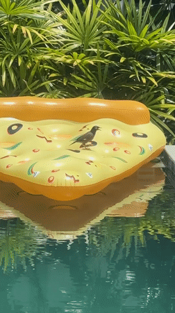 Bird perches on pizza float in Thai tropical setting