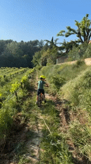 Boy rides red bike on dirt trail in Rousset