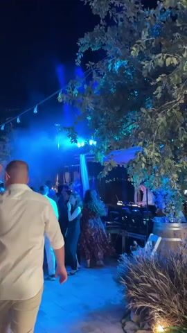 The video shows a nighttime outdoor gathering with a DJ set up on a platform to the right. A DJ is visible, tending to their equipment. Blue lights illuminate a feature that appears to be a waterfall or water element behind the DJ booth, with smoke or mist adding to the atmosphere. Several trees with foliage are present, some of which are lit by the blue lights. A string of lights hangs overhead. The ground is paved with cobblestones. A group of people is seen dancing and socializing in the foreground and midground. Some individuals are walking away from the camera, while others are facing the DJ. The overall scene suggests a party or event taking place in an outdoor venue at night.