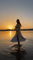 White dress, still water, golden sunset in Ternopil