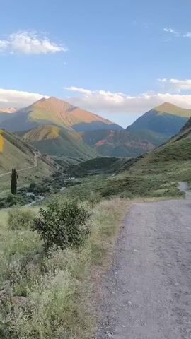 A wide shot shows a dirt road winding through a lush green valley. The road is in the foreground, and the valley stretches out before it, with mountains in the background. The mountains are covered in green vegetation, and their peaks are illuminated by the warm glow of the setting sun. The sky is a clear blue, with a few white clouds scattered across it. There are no people or animals visible in the scene. The overall impression is one of peace and tranquility.