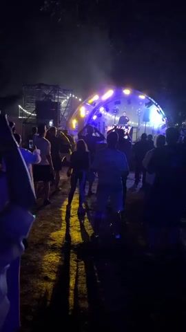 A nighttime outdoor concert is in progress with a crowd of people facing a brightly lit stage. The stage has a large, semicircular structure with many lights, and a DJ is visible behind a console. The audience is mostly silhouetted against the stage lights, but some individuals are clearly visible in the foreground. People are standing, some are holding up phones to record, and a few appear to be dancing. The ground is covered in grass and dirt, and trees are visible in the background, framing the scene. The overall atmosphere appears to be lively and festive.