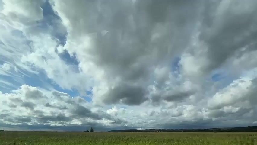 The video shows a wide shot of a rural landscape under a cloudy sky. A field of green crops stretches across the foreground, with a line of trees visible in the distance. The sky is filled with dramatic, grey and white clouds, with patches of blue sky showing through. The camera appears to be moving, possibly from a vehicle, as evidenced by the slight, continuous motion and the presence of a reflection on the surface from which the video is captured, which is likely a window. The overall impression is one of a vast, open natural environment.
