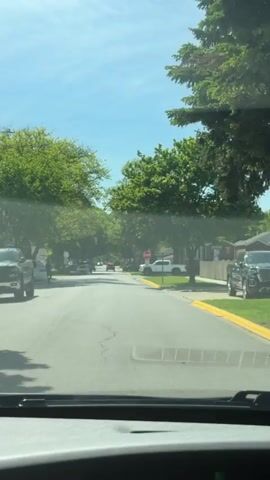 The video shows a view from inside a car driving down a residential street on a sunny day. The road is asphalt with some cracks.  The sky is blue with a few wispy clouds. The street is lined with houses and mature trees with green leaves, providing shade over the road.  There are parked cars on both sides of the street. A person is standing on the left side of the road near a parked SUV. A stop sign is visible at an intersection ahead. The dashboard of the car is visible at the bottom of the frame.