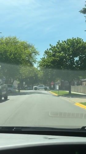 Driver navigates residential Berwyn streets on sunny evening