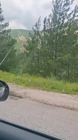 The video shows the view from inside a car moving along a road. On the side of the road, there are trees and a road sign indicating a winding road ahead. The car's side mirror is visible in the foreground. The environment appears to be mountainous, with hills covered in greenery visible in the background. The sky is overcast.