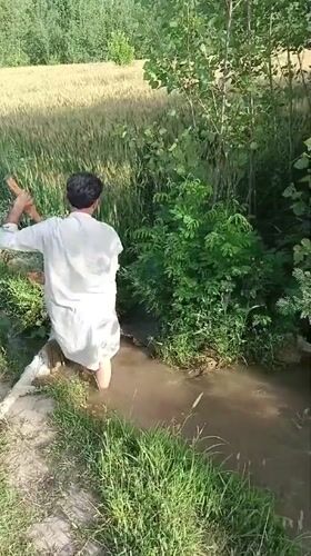 Man clears irrigation waterway in rural Pakistan
