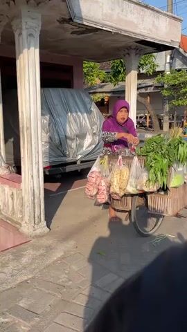 A woman wearing a purple hijab and a purple top stands behind a bicycle cart laden with groceries, including leafy green vegetables and packaged snacks. She appears to be arranging the items on the cart. The cart is positioned on a paved surface next to a building with white pillars. A car covered with a gray tarp is parked behind the cart. The scene is illuminated by sunlight, suggesting it is daytime. The background shows more buildings and a hint of trees, indicating an outdoor urban or suburban environment.