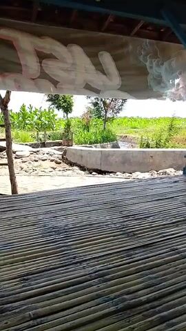 The video shows a view from under a bamboo roof looking out at a rural scene. In the foreground, the textured surface of the bamboo roof is visible. Beyond the roof, there is a concrete structure that appears to be a water channel or irrigation system, with some water flowing through it. There are stones and debris around the edges of the concrete. Lush green vegetation, including trees and crops, is visible in the background, along with a bright sky, suggesting an outdoor setting. A banner with what looks like abstract white and pink paint is draped across the top of the visible frame. The overall impression is one of a simple, rustic environment, possibly a farm or agricultural area.